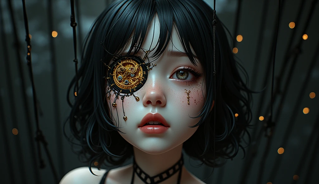 3d I am she who is trapped in a surreal painting where only my face is seen in 3d with feelings of sadness from many accumulated lives. A lot of depth of field highlights my face marked from other lives but the lighting varies. There is no specific one but the reality that is seen is impressive. Every detail is perfectly done and reflects all her frustrations in her mind.  . The message I want to convey is that there are other realities, very real, detailed 3D, of this reality with lies. , 48k use the rule of thirds bright colors fantastic expression use only dark colors do not use flowers use screws or wood as background