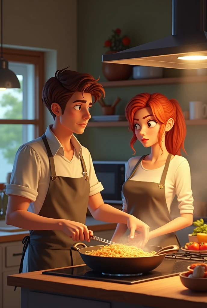Um casal cozinhando na cozinha, working as a team and sharing moments of relaxation while preparing a meal together. Colorful ingredients and cooking utensils are scattered around the countertop, revealing complicity and collaboration in building a love that is cultivated on a daily basis.
