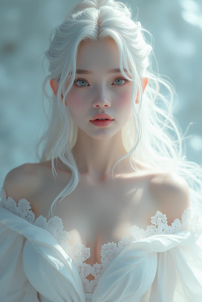 fantasy girl, Xianxia girl, divine face, voluminous breasts, high detail, beauty lips, photorealistic, ultrarealistic, beautiful girl, background, rtx on, Color Grading, Perspective, Depth of Field, Field of View, Tonal Colors, 8K, Full-HD, Perfectionism, Rim Lighting, Natural Lighting, Soft Lighting, Accent Lighting, thin eyebrows, Diffraction Grading, elegant, super detailed, cold blue color iris of the eyes, white hair, wavy hair, white dress, masterpiece, look forward