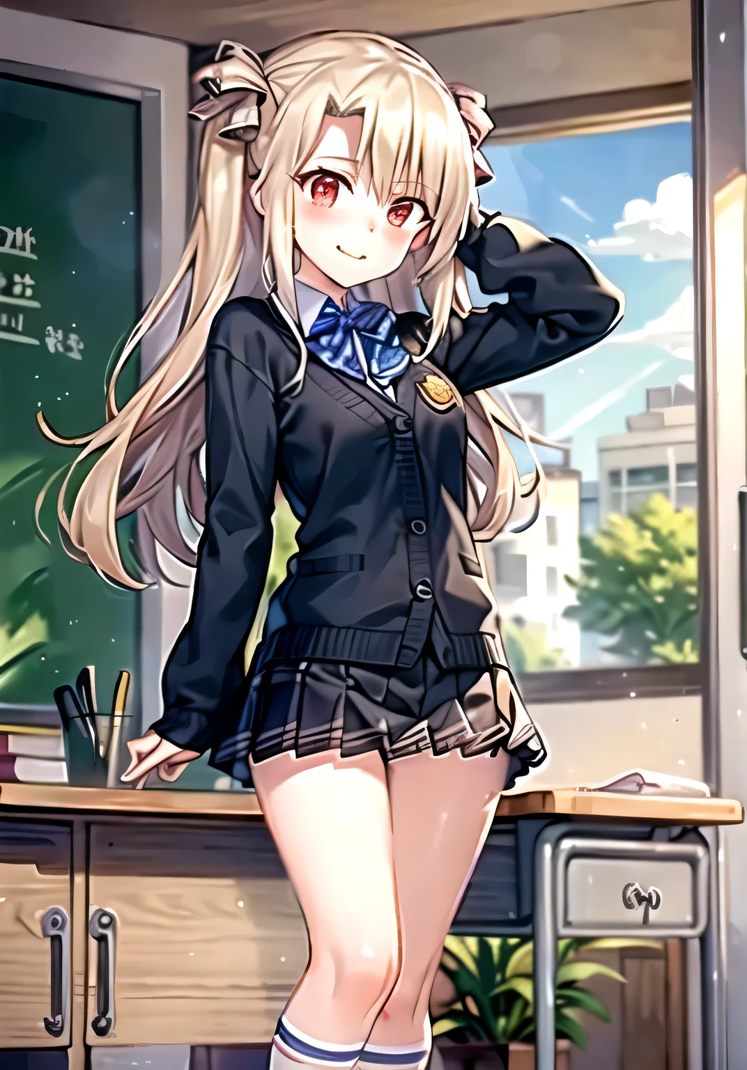 ((masterpiece)), ((best quality)), ((beautiful detailed)), ((ultra-detailed)), chiffon_blouse, ((cute_face),
1girl,solo,long hair, breasts, looking at viewer, blush, smile, bangs, skirt, shirt, long sleeves, bow, (standing:1.1), closed mouth, underwear,school uniform, white shirt, white hair, grey hair, sidelocks, thighs, pleated skirt, socks, collared shirt, indoors, bowtie, kawaii, small breasts, red eyes, red bow, blue skirt, plaid, kneehighs, plaid skirt, brown loafers, cardigan, curtains, knees together, black socks, red bowtie, hand on own face, desk, hand on own cheek, school desk, from below, Illyasviel von Einzbern Ilya.