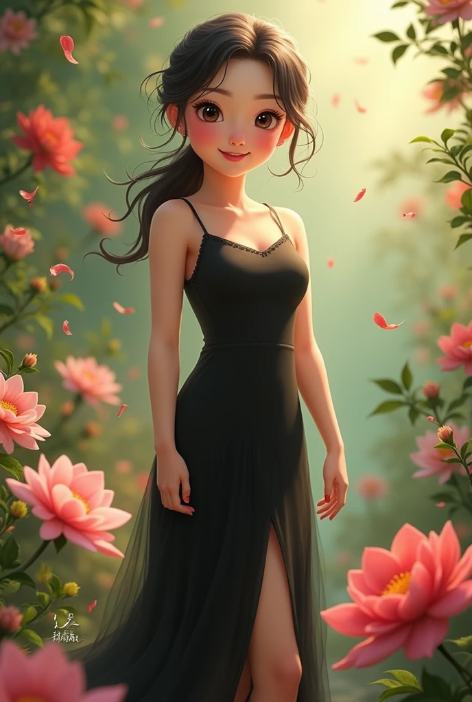 A Goddess of nature that has short and brown hair, has brown eyes, has a gentle face, she always has a little smile on her face, Tanned, beautiful, wears a below the knee length black dress with leaves and flowers as design, she have a lot of scars and bruises on her legs and arms, her left eye is BLIND because it's stabbed with a piece of wood.