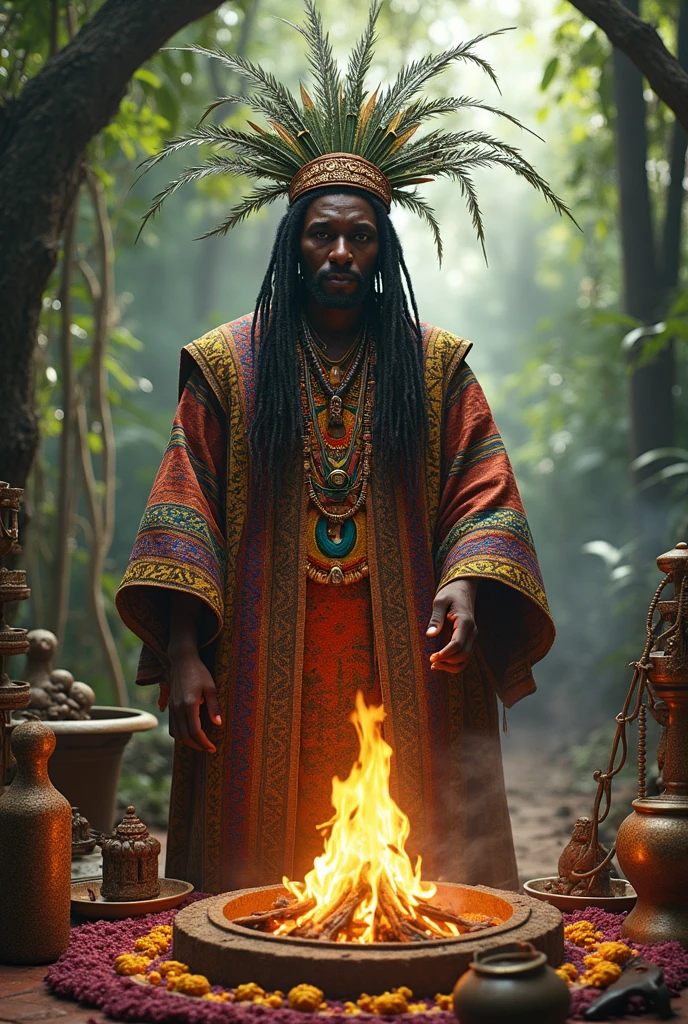 A muscular African man, with long hair, wearing a large straw hat covering half of his face, wearing white ethnic pants, levitating, background composed of a forest illuminated by the light of the moon, full and waning moons, half-moon, starry sky, stone and wooden floor, mystical lights around the African man, branches of trees by the environment,  knives, daggers on the ground, big old trees with passages to other dimensions, portals opened by the forest, voodoo, ritualistic symbols, very large African man levitating with open arms, no T-shirt, best quality, masterpiece, high resolution, 8k, hyper-realistic image, professional photo, realistic image, full body view, bottom-up angle, African God dressed as a tribal devil,  African god in the forest, masked and muscular man, masked man with wings, naked and painted body, predominance of colors, purple, turquoise blue, yellow and silver, background composed of wooden room with open door to a forest illuminated by moonlight, tribal mask, mask covering eyes and mouth, colored macara, straw mask, scary mask,  MASK, colorful and full moons, starry sky, wooden house with ritualistic objects, voodoo, tree branches entering the wooden house through the door, wooden house catching cute, snakes by the environment