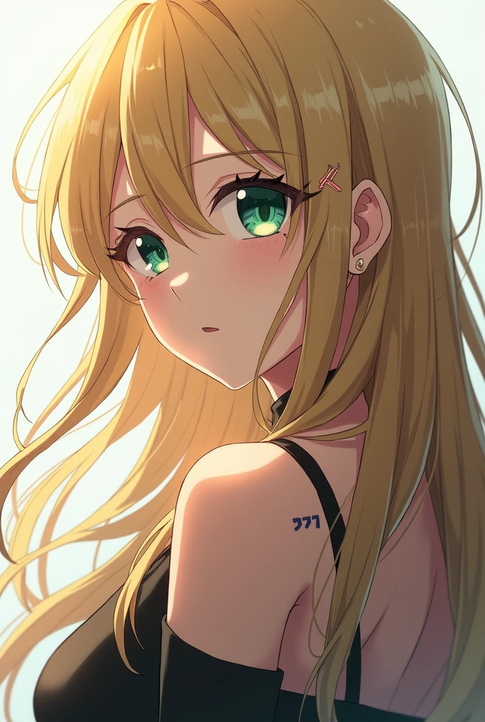 From the side、shout、(((masterpiece, Super detailed、Green Bikini、Look Up、Blonde、Straight Hair、Forehead