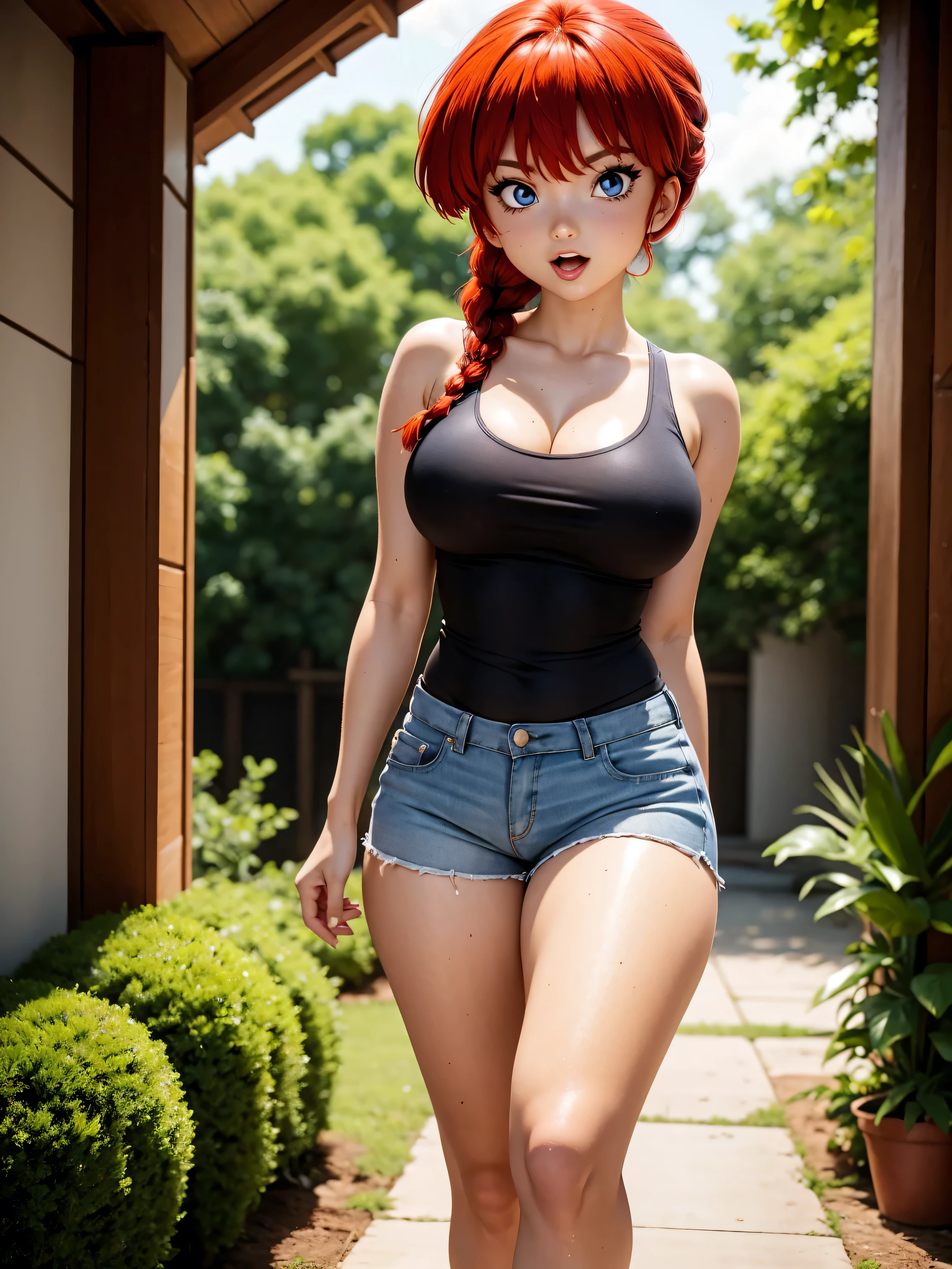 Sexy Anime Girl with Red Hair, hair with braid, wearing pink translucent shorts and a wet black tank top, white tank top, 15 years, cute cute body, cute breasts, sexy girl, redhead and braid, strands of hair on the side of the face, beautiful lighting, soft shadows, blue eyes, beautiful legs, anime style, ranma chan, Autora Rumiko Takahashi, Based on a work by Rumiko Takahashi, Anime Ranma 1/ 2, sexy, robust hip, full body, sexy bust, young woman with beautiful and gorgeous body, garota de 15 years jovem baixa estatura, usando short sexy, wearing a black tank top, anime girl, anime styling, sexyposture, big eyes, sexy facial expression, showing tongue, posing in a garden