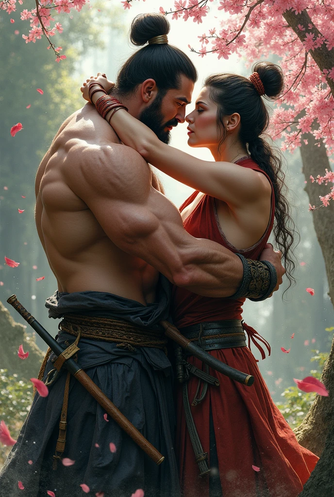 A young man and a young woman with beautiful faces and fierce expressions, dressed in torn dark blue and red clothes that revealed their beautiful breasts, slender legs, and the full-length underwear of a Han Fu Dynasty official. Naked bodies holding swords in their hands in a deserted house, their backs against the wall, using martial arts to fight each other.