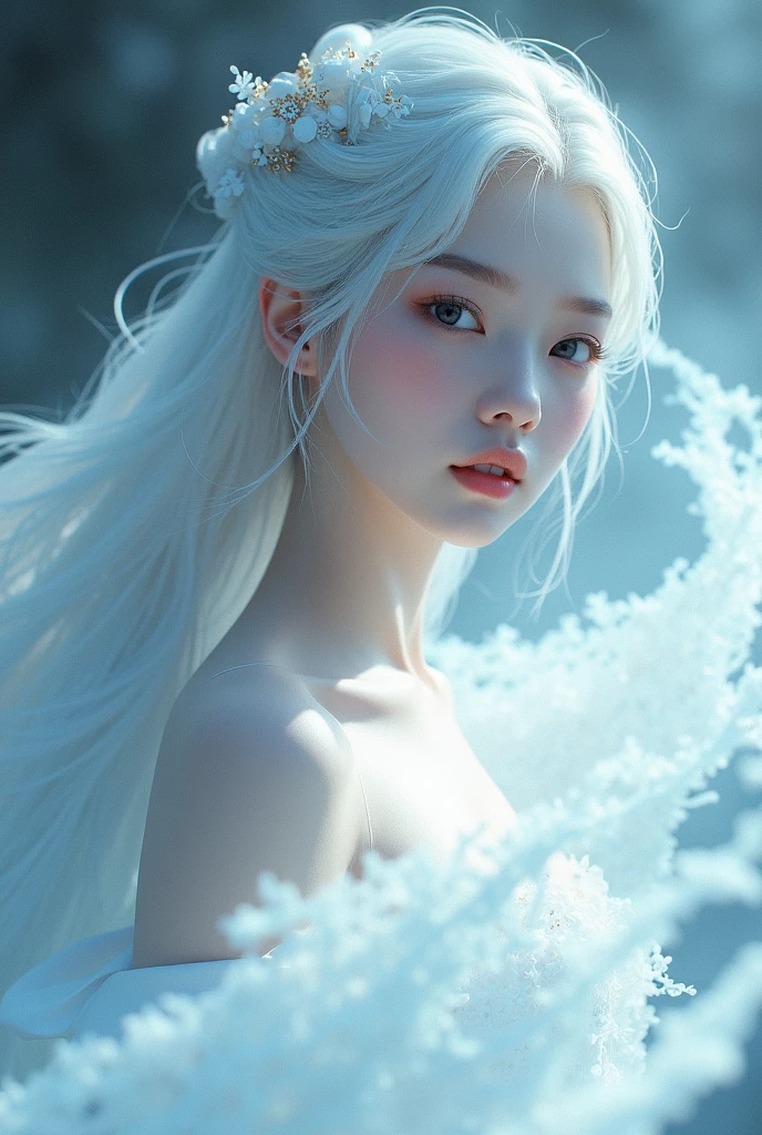 (masterpiece,(Big cleavage),Distinguished Quality,Mirror-like,Cinematic Experience,insanely detailed,absurdres),8k,wallpaper,(Ray Tracing),1 female,korea face,Beautiful Shii girl,(God the Lady of Light is floating in the air:2.0),(front:2.0),(A body made up of white light particles:2.0),break(White Hair:2.0),(White skin:2.0),Portrait of a goddess,(god々Shii:2.0),(fantasy digital art:2.0),(Upper body close-up:2.0),(super sexy:2.0),(Diffuse reflection of light:2.0),break(The background is a beautiful Aurora:2.0),(Beautiful face,Detailed face,The soft, smooth texture of the skin:1.3,Beautiful Hair),(Detailed hands:2.0),(Beautiful hands:2.0