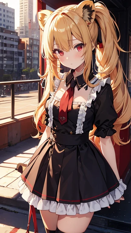 masterpiece, Highest quality, (anime screencap:1.3),(shape), cute,(Simple:1), (anime:1.2),Solo Sharp Focus, 1 Girl, Cleavage,Looking at the audience, Japan,Akihabara,In town,Golden Hair,((mini skirt)),Are standing, Twin tails,summer ,((Black Gothic Costume)),Red ribbon,in the  gothic,,Black Lolita Fashion,Gothic Bonnet,Hair Ribbon,Cowboy Shot,Daytime,,,Large Breasts,,（Absolute Region 1.1),（Braided boots 1.1),Browsing Caution,
