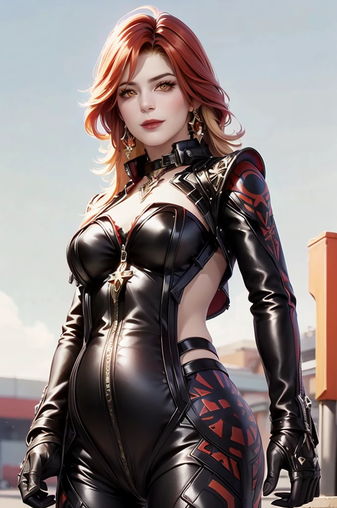 In realistic portrait of high quality and detail, Mavuika (Genshin Impact), red hair, yellow eyes, modern style, in full-length, glow, eye shadow, pregnant, 1girl, Depth & Perspective, smiling face, She is wearing a black leather motorcycle jacket and leather trousers. She's standing in front of the gas station, motorcycle on the background, fine face, outdoors, blue sky, white cloud, looking at viewer, (ultra-high detail:1.2), Masterpiece, Best Quality, Ultra-detailed, delicate features, Highest Quality, (extremly intricate:1.3), (Realistic), masterful, 