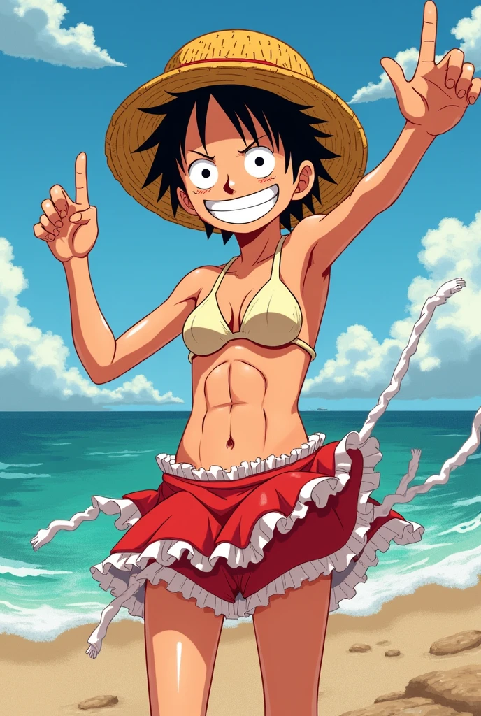 Luffy's from One Piece with the body of Nami from One Piece below his neck