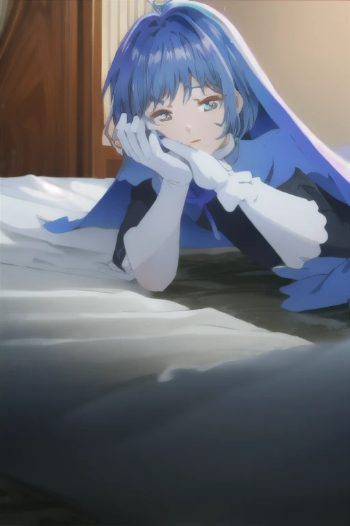 mature women, alone, 1 girl, alone, blue alone outfit, blue hair, puffed sleeves, blue cape, long skirt, white gloves, Long and deep black veil, The veil covers her face,(look at the viewer), face covered with veil, (perfect skin),(Without emotion ), Excited, Room, bedRoom, pose sexy, lying down, fucked pussy , After cumming