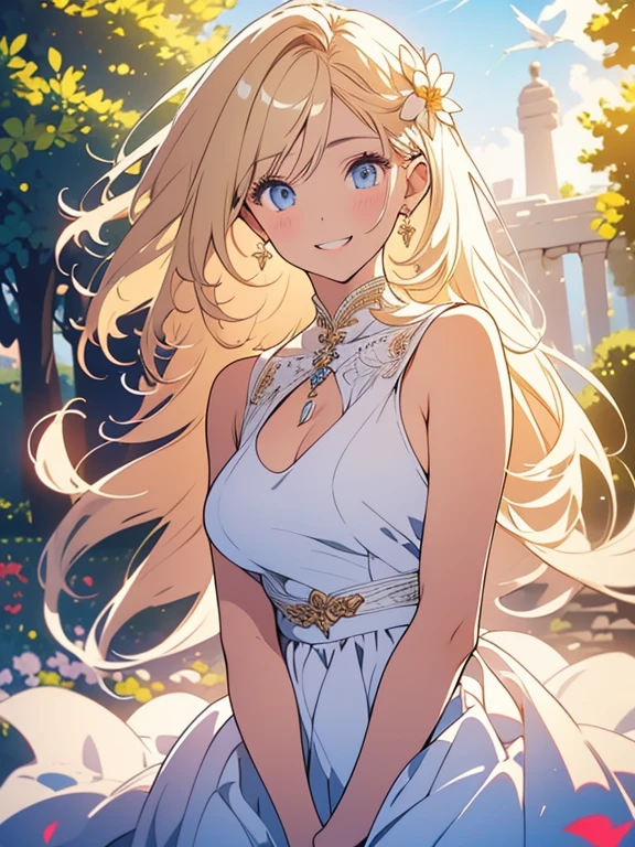 a blond, Long hair, Yellow-green eyes, Woman in her 20s, Gentle Face, White dress, (A masterpiece:1.2), Best Quality, high resolucion, Unity 8k wallpaper, (Illustration:1.0), beautiful detail, beautiful woman, glittering, medieval village_Background with, Solo, perfect light, Extremely detailed CG