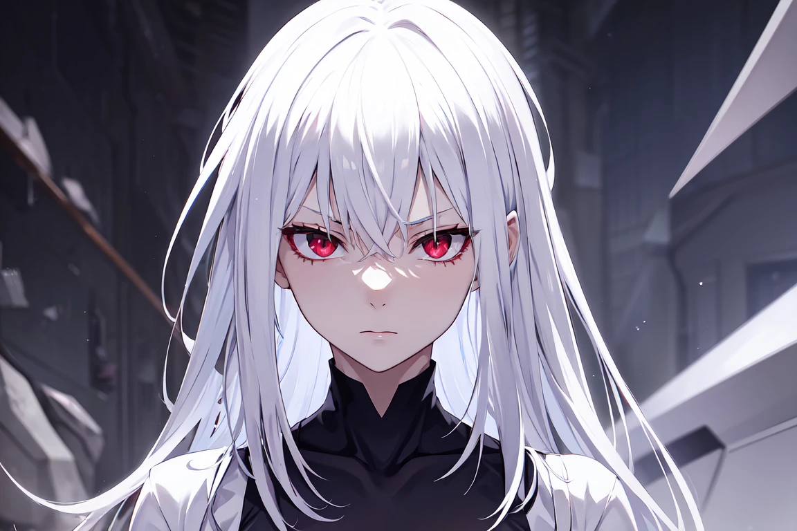 pha accelerator, red eyes, accelerator (toaru majutsu no index), constricted pupils, white hair, shirt, solo, albino, hair between eyes, short hair, collarbone, white shirt, androgynous appearance:1.5, very long hair, 1girl