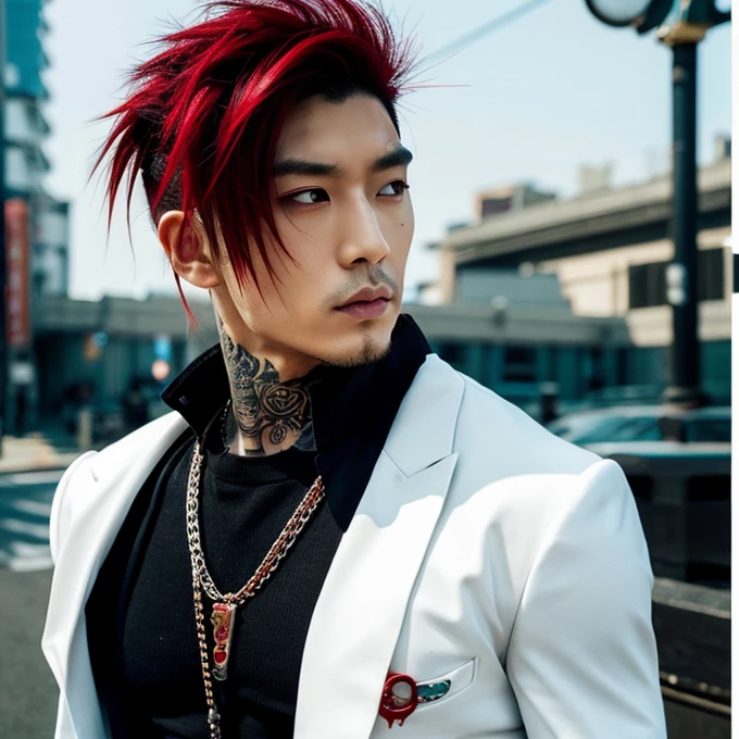 a dark skin male with spiky red hair, a little strong, with brown eyes, with a black and white kimono.