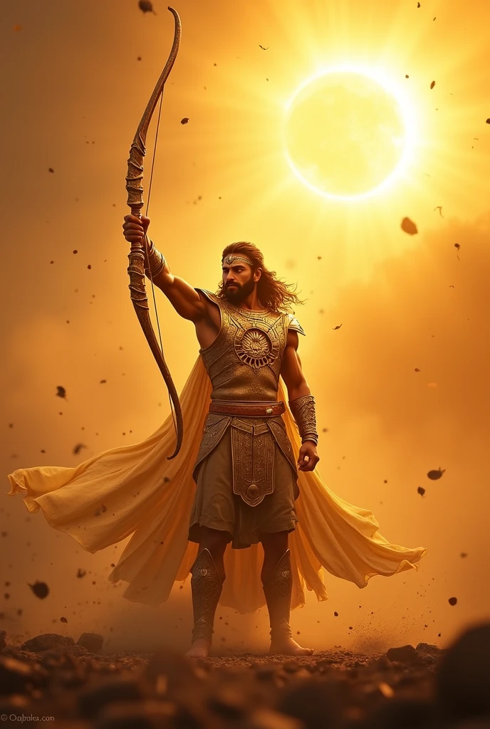 God krishna got angry with big soldiers
And he has a arrow on his right hand ,his background in moon ,Moody glow effect,  and some horse are running front oh him , he ware a iron-man shot, dress colour silver-shininggold ,  give me a landscape photo