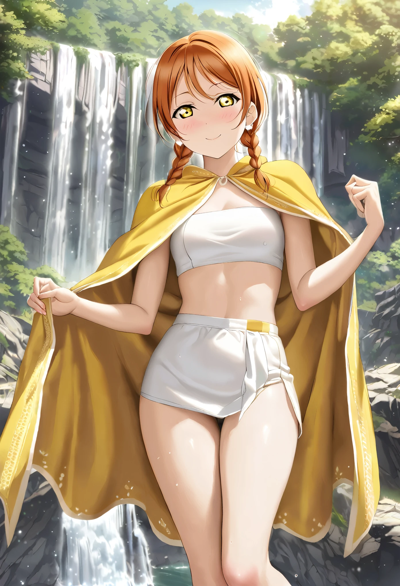 masterpiece, best quality, 8k wallpaper,realistic anime style,love live art style, rin hoshizora, (yellow eyes:1.3), orange hair, medium hair, blushing , twin braids ,shoto , cape around hip, tube top, smile, cowboy shot ,wink, tanned skin,day, waterfall , earrings, Hoshizora rin, thighs, golden ,glowing eyes, cowboy shot, sexy , closed mouth 