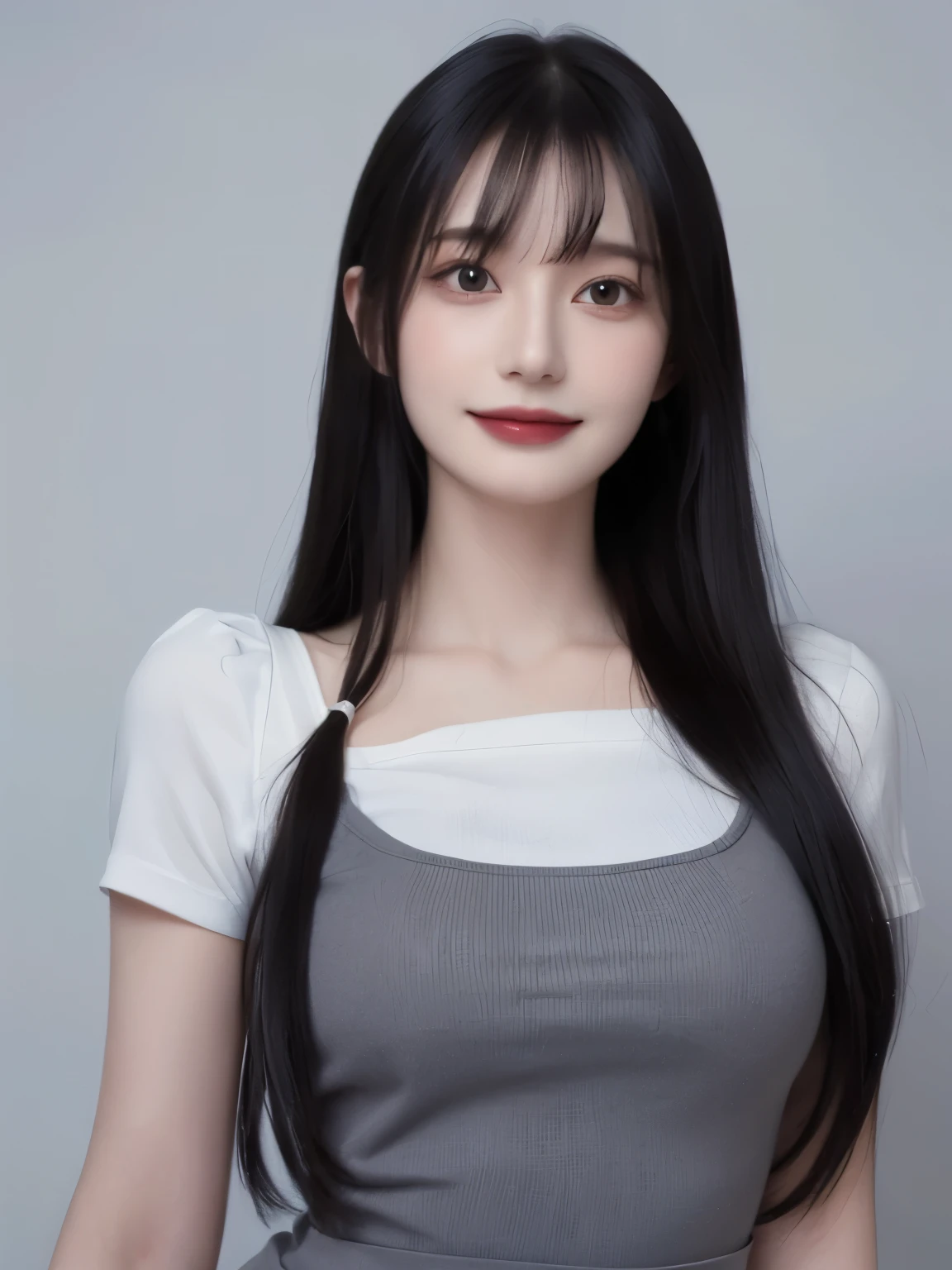 ((photorealistic:1.3)),((ultra detailed)),((sharp:1)),(portrait),(grin),1woman,20yo, solo, smiling ,black hair, long hair, original, realistic, looking at viewer, upper body, shirt, white shirt,lips, brown hair, parted lips, photo-referenced, real life, simple background, no makeup, pink lips, blue background, grey background, looking to the side, lipstick, dress,shadow, parted bangs.((8K)),((upper body)),((slender)),wearing white blausem, in a library,
