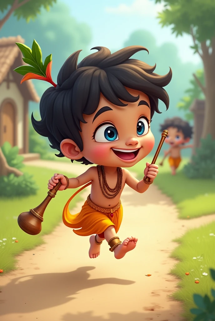 Please imagine an illustration showing Lord Shri Krishna stealing Makhan. The picture will feature Shri Krishna as a young boy, who appears playful and cute. He is holding a pot of Makhan in one hand and removing part of the makhan with his fingers. They will have a mischievous smile and a sense of joy on their faces. In the background there may be clay houses, pots, and rural scenes in the vicinity, which will bring this view to life. Shri Krishna's outfit will be the traditional yellow robe, and his jewelry will have a beautiful refinement. And peacock feathers on the head