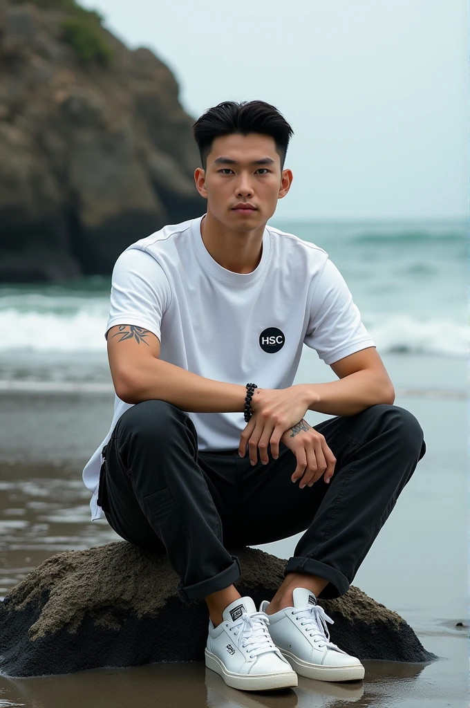 full body portrait photo with natural effect. clothes: no shirt, white volleyball shorts. shoes: wearing black shoes. situation: Handsome Indonesian young man sitting Was lying in the river with his clothes wet from the river water facing the camera.