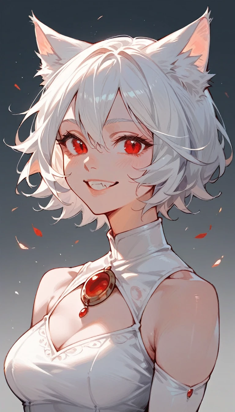 1 catgirl, lady, solo, short tousled white hair, red eyes, white dress, portrait, smiling faintly,