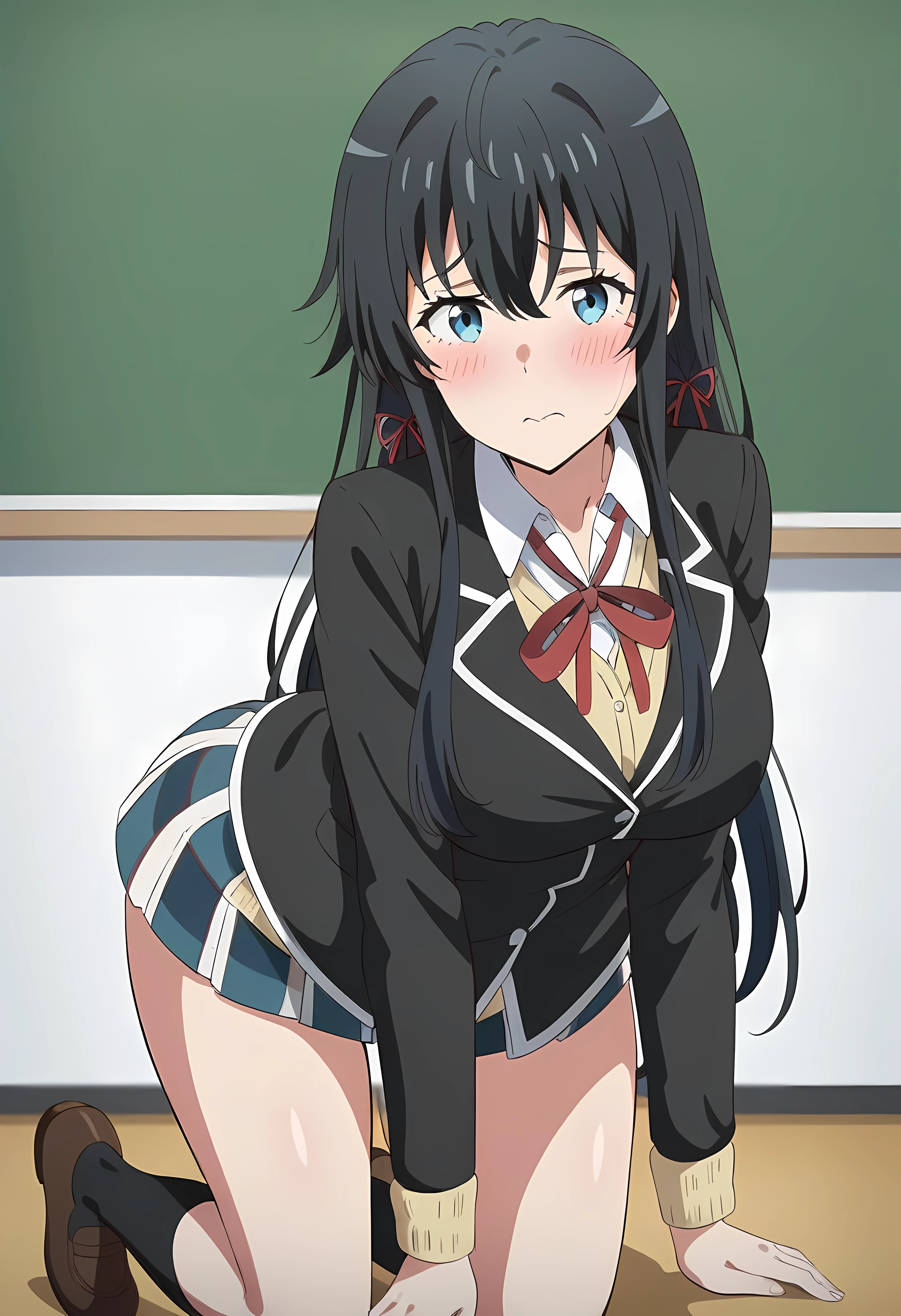 (anime art style:1.0), 2d, masterpiece, best quality, very aesthetic, absurdres, dynamic shadows, atmosferic, yukino_yukinoshita, 1girl, solo, (black hair), long hair, sidelocks, hair between eyes, narrow eyes, blue eyes, big breasts, curvy body, adult character, blush, sobu high school uniform, school uniform, red ribbon, neck ribbon, hair ribbons, white shirt, collared shirt, black jacket, yellow cardigan, pleated skirt, brown shoes, shy, nevous, cowboy shot, all fours, from front, (looking at viewer:1.0), school, classroom, chalkboard, (afternoon), dark