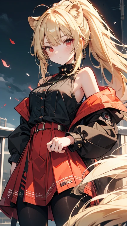 best quality, high quality, 8K, masterpiece, lion girl, blond hair, red eyes, ponytail, punk ****ta, black and green all-weather coat appears to be much too big for her, as it falls off her shoulders and reaches the ground in length. coat unbuttoned