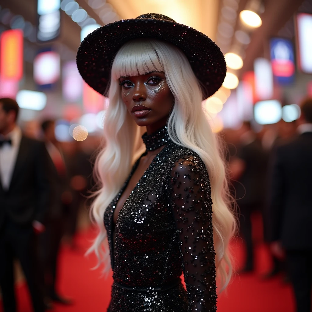 a close up of a woman wearing a Black Hat with gold letters, wearing Black witch hat, Black witch hat, black haute couture, Maria Borges, Afrofuturism style, Afrofuturism, Black pointed hat, Black Hat, Black African Princess, Afrofuturism, Pat McGrath, author：John Lagata, Wearing a witch hat, flattery, Black women, Long black crown