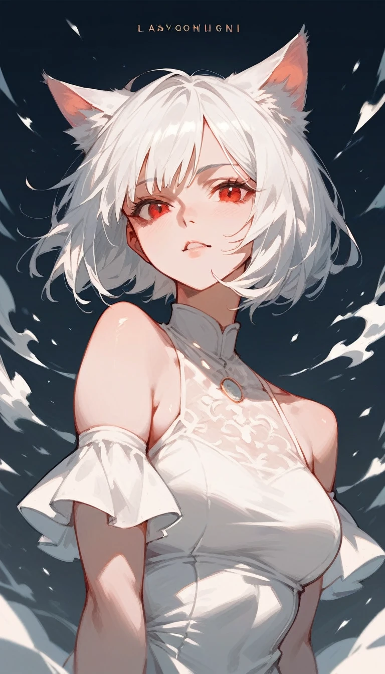 1 catgirl, lady, solo, short tousled white hair, bob hair, red eyes, white dress, portrait, 