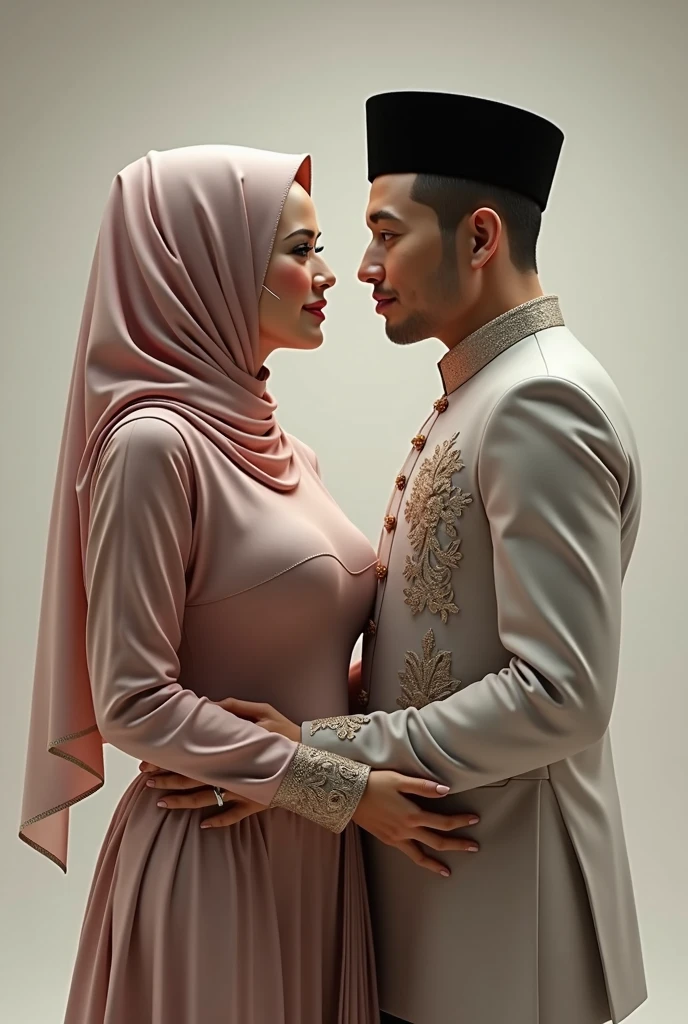 A beautiful hijab-wearing woman and a handsome Indonesian man are gazing at each other, making them even more beautiful and handsome.