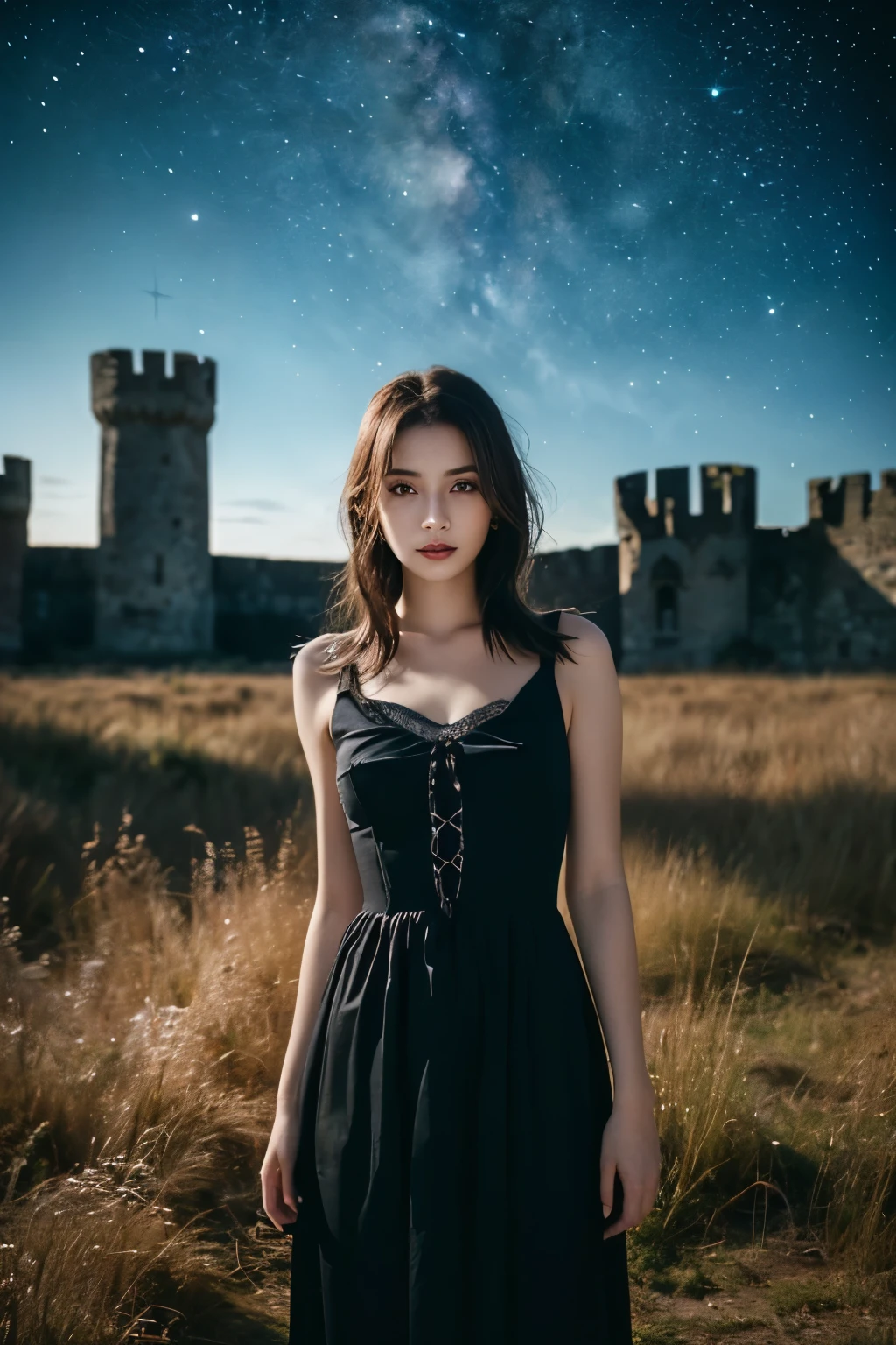 1 girl, (She is wearing a gothic black dress.:1.2), Very beautiful Japanese idol portraits, (RAW Photo Best Quality), (Realistic, Realistic:1.4), (masterpiece), 
Very delicate and beautiful, Very detailed, 2k wallpaper, wonderful, finely, Very detailed CG Unity 8K wallpaper, Very detailed, High resolution, Soft Light, 
Beautiful detailed girl, Very detailed目と顔, Beautiful and sophisticated nose, Beautiful beautiful eyes, Cinema Lighting, 
(She is standing in front of an abandoned medieval castle:1.3), (Night Sky, milky way), (Girl full body silhouette:1.2), (Dark screen:1.5), (Desolate landscape), (I am so lonely),
(Medium Hair), (Hair blowing in the wind), 
Perfect Anatomy, Slender body, Small breasts