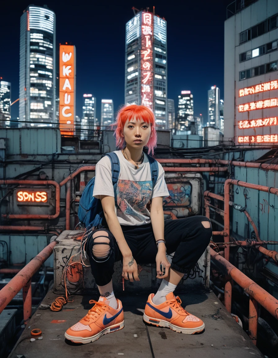 dynamic cinematic 8k, realistic, pastel red indigo tracking shot wideshot fisheye Wabi Sabi a Japanese streetwear punks woman (nike trainers) on a Tokyo underground rooftop with a neon sign construction from a psychedelic animation with organic cables wires terminals mech-structure machine parts interconnected with the buildings with pipes and terminals around by Bernie Fuchs in orange the style of E gon S chiele and Gustav K Limt inspired by Tom Hammick, graffiti street art and posters