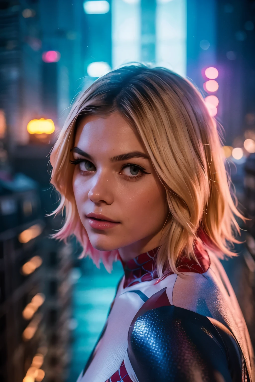 ((a teenage girl, ****, babe face)), with blonde hair,spider-gwen, detailed facial features, beautiful detailed eyes, beautiful detailed lips, extremely detailed face, dynamic spider-themed superhero pose,web-slinging action, futuristic cityscape background, neon lighting, cinematic lighting, dark and moody atmosphere, rich colors, vibrant, digital art, 8k, hyper detailed, photorealistic, masterpiece. ((colorful lights)). 