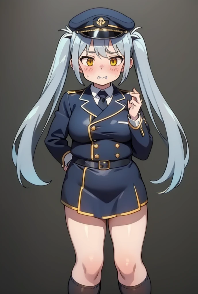 1girl, long hair, blush, simple background, hat, twintails, standing, yellow eyes, hetero, censored, multiple boys, necktie, solo focus, black thighhighs, 2boys, grey background, mosaic censoring, aqua hair, skindentation, white headwear, military uniform, breasts out, clenched teeth, between breasts, peaked cap, veins, white shorts、pubic hair、Nipples、Areola