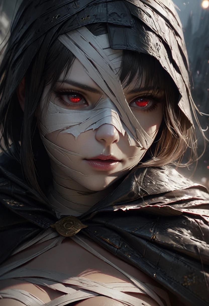 a girl mummy, in a black cloak, with a porcelain white mask, and red eyes, highly detailed, intricate details, porcelain skin, dramatic lighting, dark fantasy, cinematic, masterpiece, hyperrealistic, octane render, ultra detailed, photorealistic, award winning, artstation, ao3d, sharp focus, cinematic composition, moody atmosphere