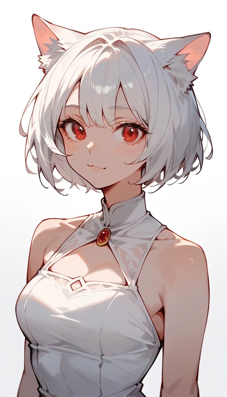 1 catgirl, lady, solo, short tousled white hair, bob hair, red eyes, white dress, portrait, cute