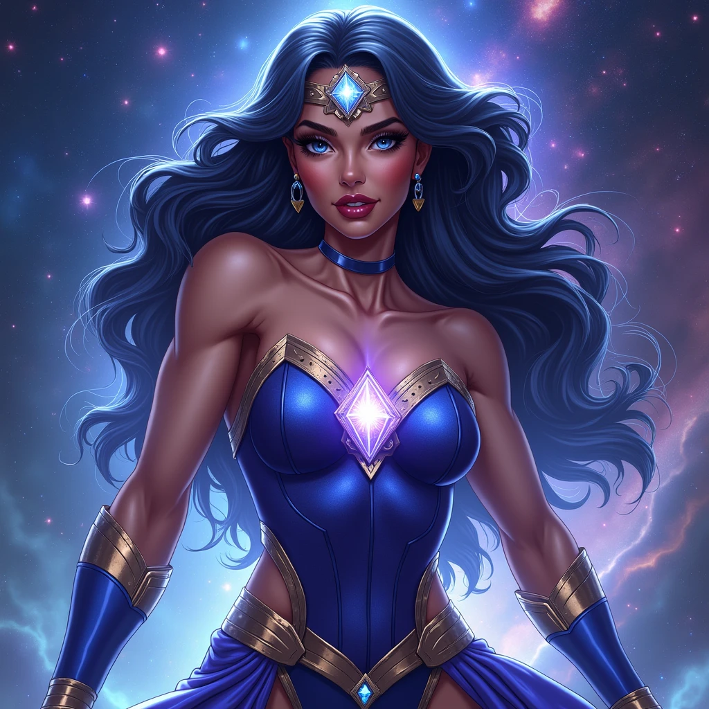 In a kaleidoscopic realm of swirling stardust and neon nebulae, the celestial enchantress Grace holds dominion. Her incandescent form outshines quasars, with obsidian tresses cascading down her silhouette. Smoldering indigo eyes and prismatic garments radiate the full spectrum across her curves. Diaphanous robes spiral in a chromatic vortex. Stardust crowns her as the mistress of chromatic allure. Her domain births dazzling realms of color, nurturing new celestial bodies with infinite potential. In this coruscating realm, the fully-clothed enchantress Grace reigns supreme, her allure fueling perpetual creation and rebirth.