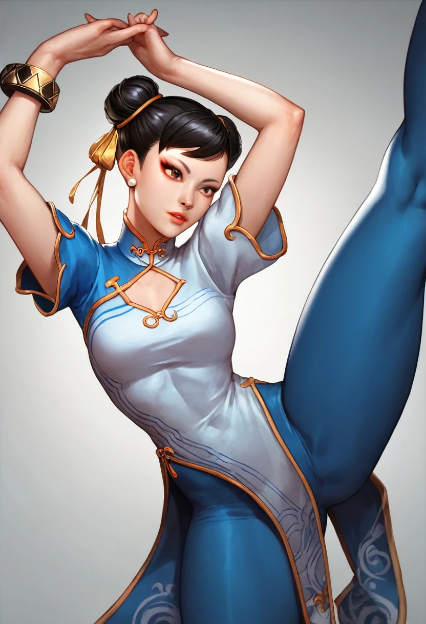 Chun-li, is leaning on a bedside table, without clothes, only with a transparent top falling revealing her breasts, no panties, pubic hair in sight, she is standing, high quality, perfect anatomy, beautiful face, behind her is a blue curtain, covering a window, but the sun rays still enter, with a lens flare.