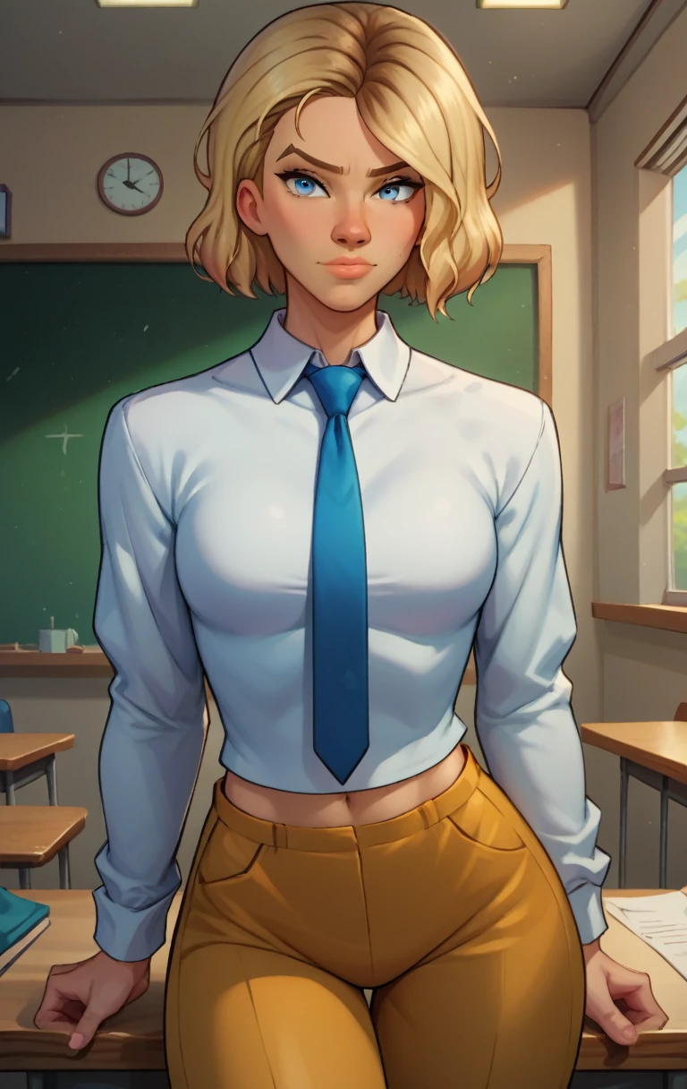 score_9, score_8_up, score_7_up, score_9, BREAK, GwenstacySDXL, 1girl, solo, looking at viewer, short hair, blue eyes, blonde hair, shirt,  closed mouth, white shirt, cowboy shot, necktie, collared shirt, indoors, sweater, lips, blue necktie, animification, chalkboard, exposed midriff 