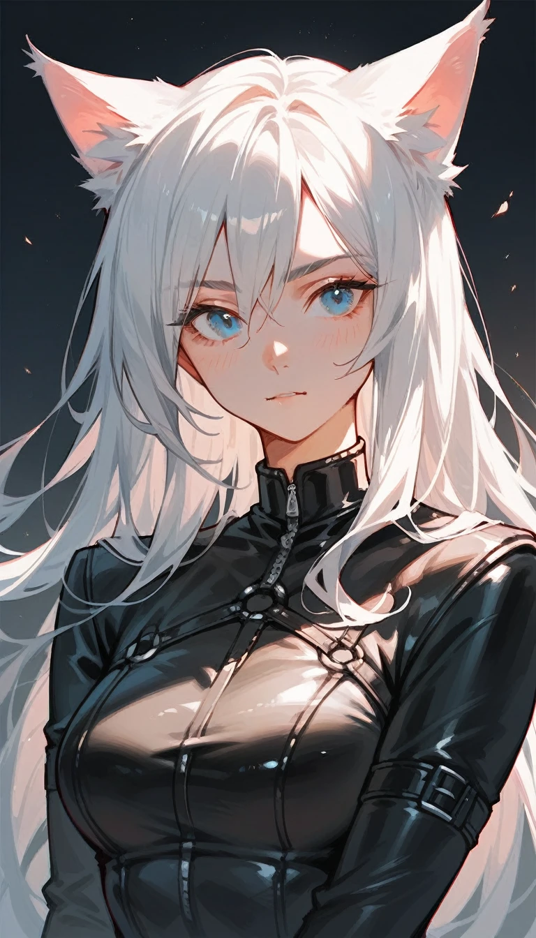1 catgirl, solo, black long hair, blue eyes, leather adventurer outfit, portrait