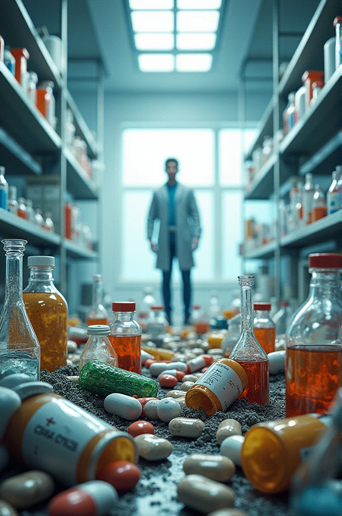Biologist examining a fish in a glass room surrounded by zombies