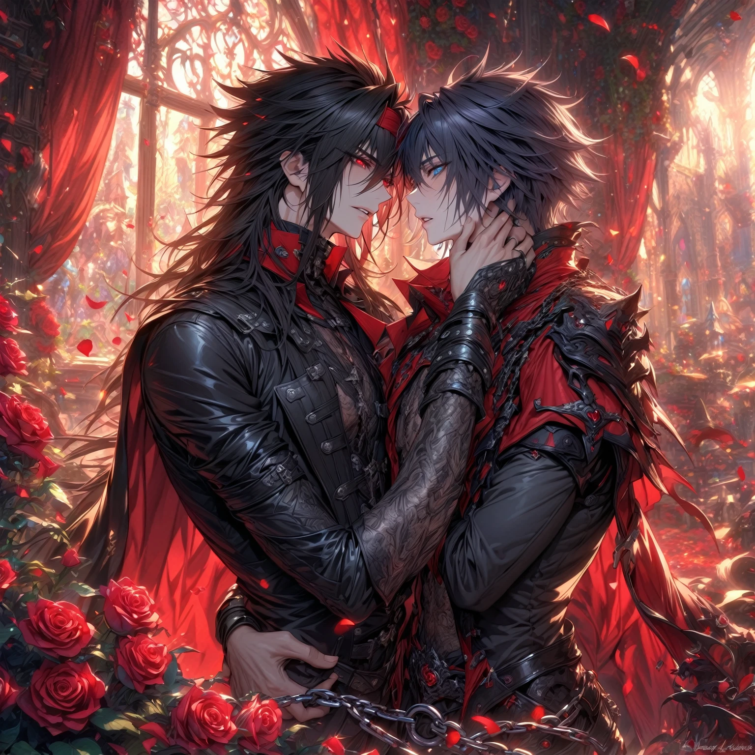 absurdres, highres, ultra detailed, HDR, master piece, best quality, extremely detailed, detailed eyes, detailed face, Vincent Valentine, black hair, red headband, expressive red eyes, Final Fantasy, Noctis Lucis Caelum, black hair, expressive blue eyes, two sexy men together, handsome, adult face, sensual, black clothes, red cape, window, magical, fantasy, chains, red roses, red petals, room