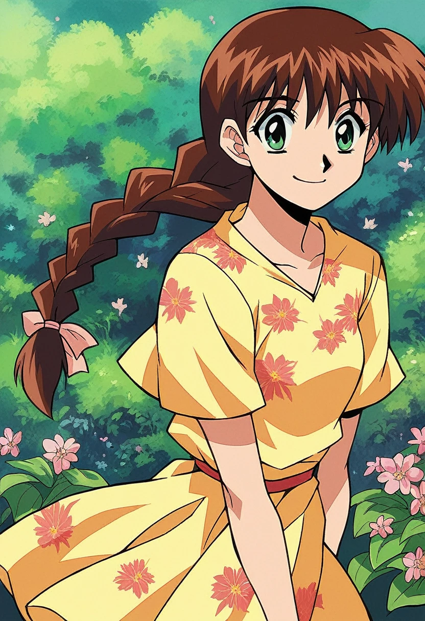 1girl, MiyanoshitaSatsuki, Yellow dress, floral print, smile, brown hair, long hair, braid, green eyes,long slevees, smile, nigh backgrownd, outdoors,