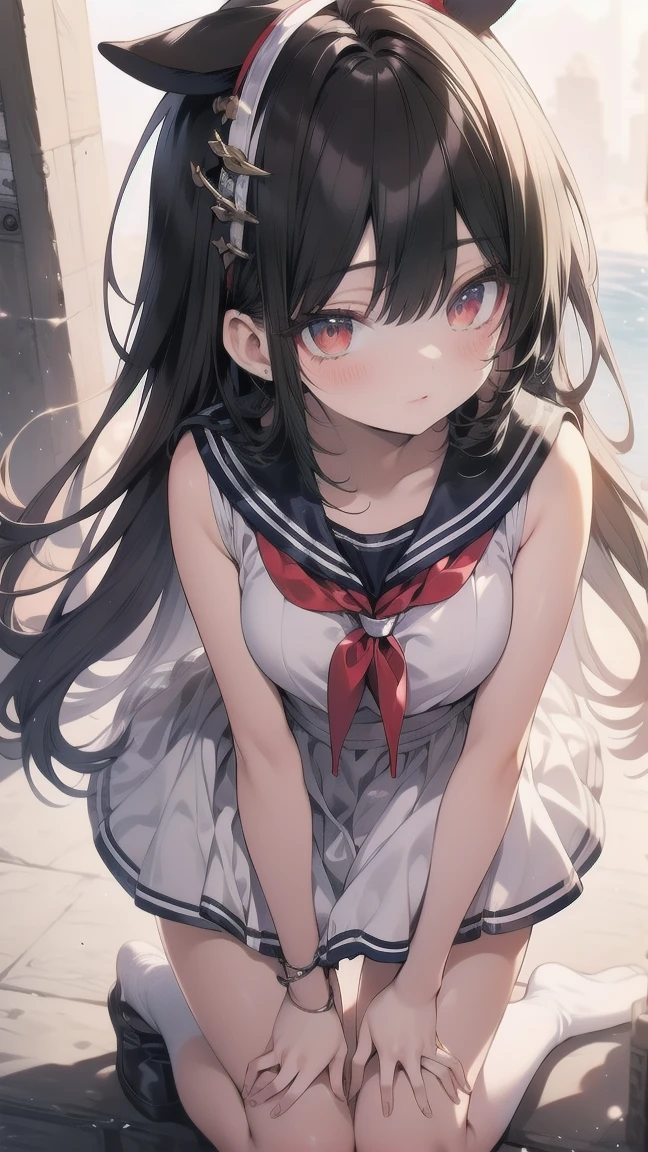 One girl, solo,,High resolution, , Turn around and look, smile, Blushing, Brown Hair, Headpiece, accessories, Long Hair, High resolution, masterpiece, Anatomically correct, Best Quality, High detail, Very detailed, 大きな, Anime Style,High school girl,Sailor suit,Cute Panties,White panties,
