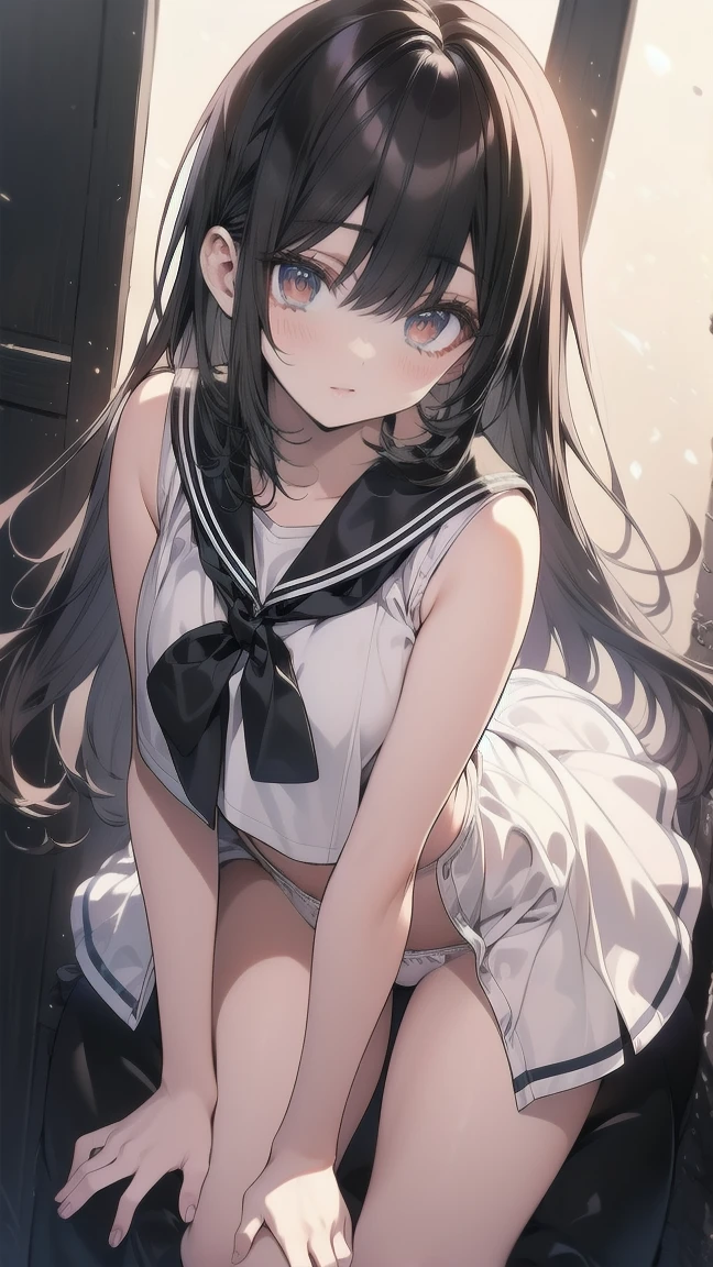 One girl, solo,,High resolution, , Turn around and look, smile, Blushing, Brown Hair, Headpiece, accessories, Long Hair, High resolution, masterpiece, Anatomically correct, Best Quality, High detail, Very detailed, 大きな, Anime Style,High school girl,Sailor suit,Cute Panties,White panties,
