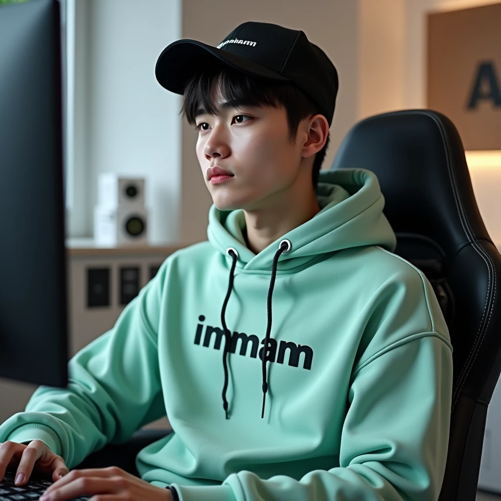 handsome japanese man wearing designer black hoodie with bih label "sang penulis" on left part of hoodie, sitting lazy and casually, and blow smoke from his mouth and holds a burnt ciggarette. he is sitting in industrial bedroom on black leather sofa, looking at his gaming pc. realistic, hdr, uhd, 8k