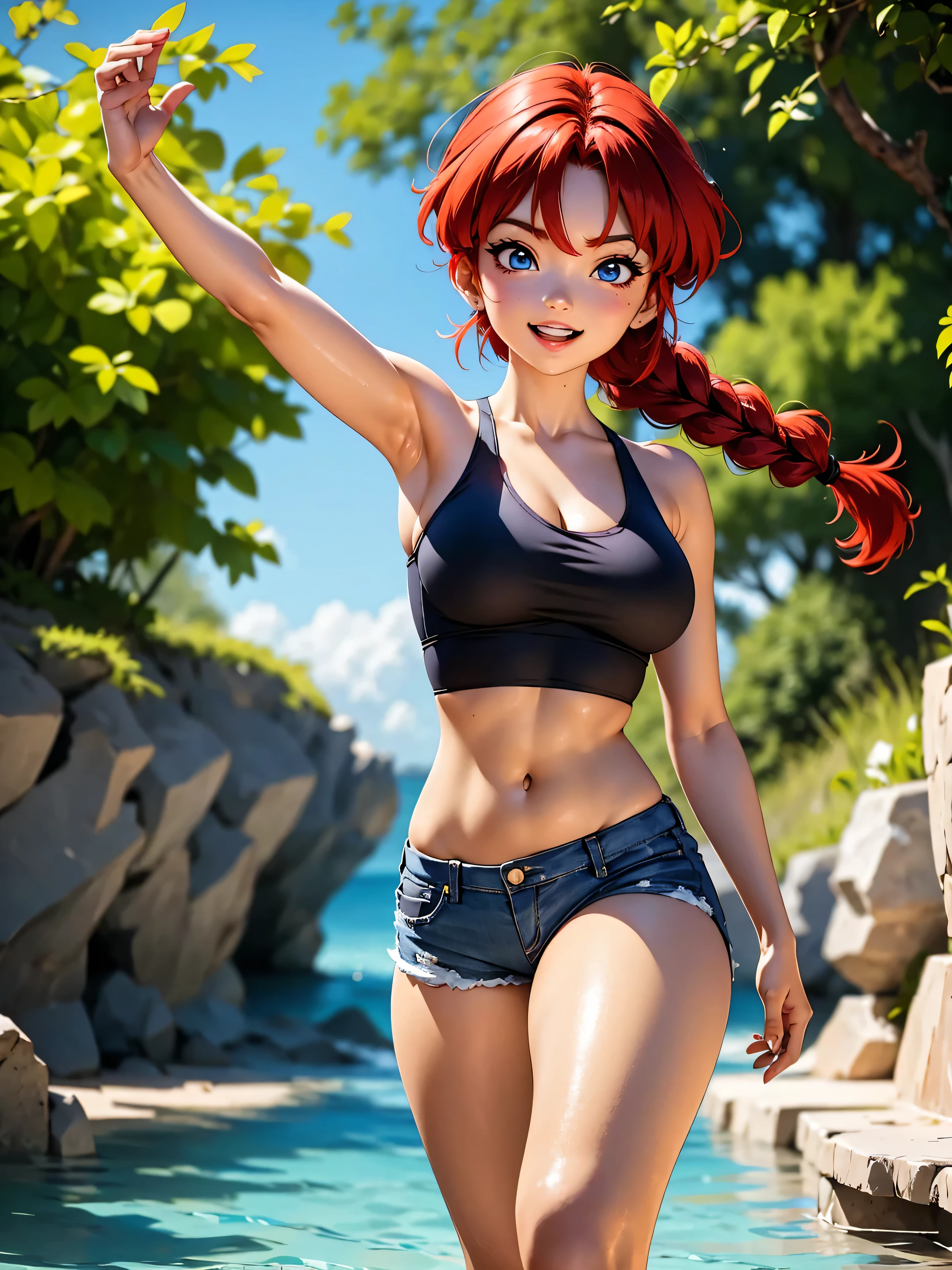 Score_9, score_8_up, score_7_up, rating explicit, lewd, 1girl, (Gwen tennyson from ben 10 alien force, orange hair, ponytail, black bikini costume:1.0), big breasts, deep cleavge , nipple pock, beautiful open eyes, (masterpiece, best quality, highly detailed, beautiful), taking sun bath