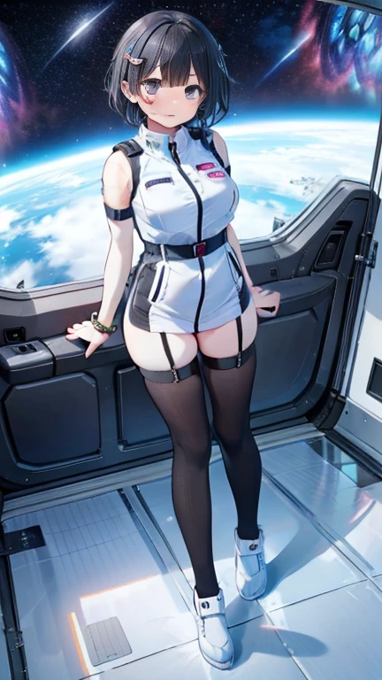 (Best Quality), (masterpiece), 1080P, High resolution, 4K, 8k, Inside the space station、Futuristic room、Thigh straps, Shooting from directly below, The woman on top of me, 白いsweat, Covered , sweat, Woman looking down, Skirt swimsuit, Thigh-high socks, To achieve this, , , whole body, Black leather shoes, Braided Hair, Inner Color, Embarrassed face, Short black hair, bracelet, bedroom,astrovest
