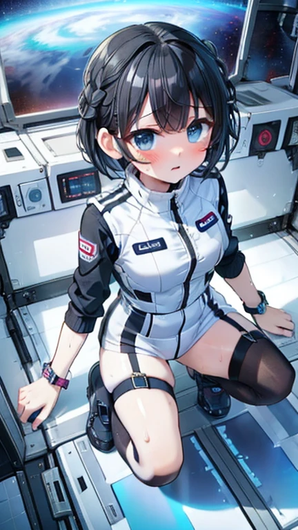 (Best Quality), (masterpiece), 1080P, High resolution, 4K, 8k, Inside the space station、Futuristic room、Thigh straps, Shooting from directly below, The woman on top of me, 白いsweat, Covered , sweat, Woman looking down, Skirt swimsuit, Thigh-high socks, To achieve this, , , whole body, Black leather shoes, Braided Hair, Inner Color, Embarrassed face, Short black hair, bracelet, bedroom,astrovest
