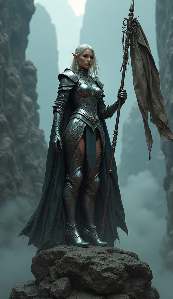 beautiful fantasy female knight, full heavy armor, high heels metal armor, holding ornate spear with flag, eye-catching armored high heels, stand with one leg higher on big rock, realistic photography, immersive dramatic fantasy environment, chiaroscuro lighting, lens flare, reflection from highly detailed armor, dark moody colors, volumetric fog, heroic pose, extreme detail, photorealistic, cinematic composition, (best quality,8k,highres,masterpiece:1.2),ultra-detailed,(realistic,photorealistic,photo-realistic:1.37)