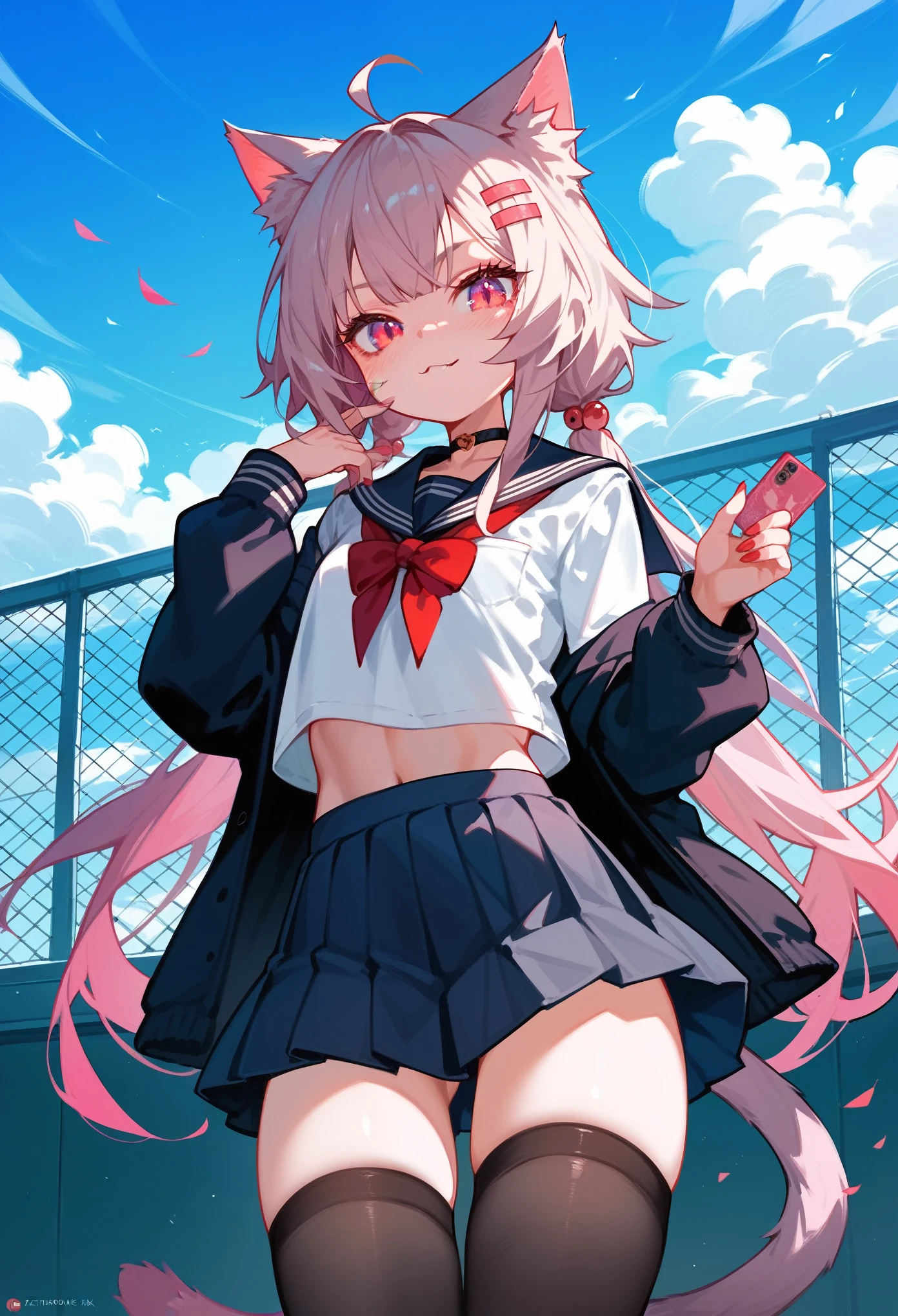 Woman with long ponytail、sailor suit、laughing、Floating in the air with legs crossed、red eyes shine、dark background
