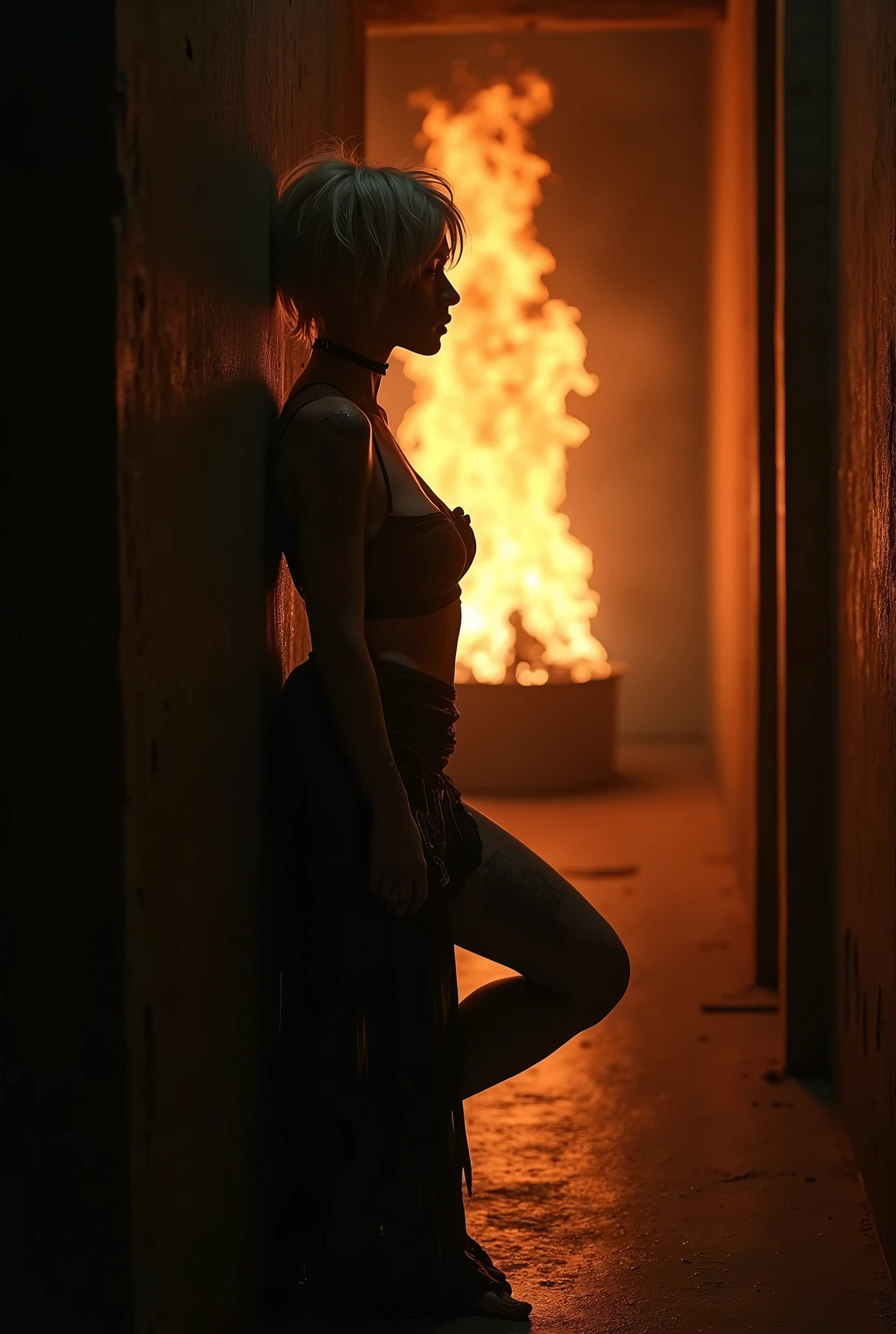 Image taken using DSLR camera, ((A woman squatting with her legs wide open on a dark alley),(looking at the camera),(fully naked),(exposing her body)). She is illuminated by a warm light, highlighting her face. Her arms are placed behind her head, (showing her armpits). (Her legs are spread apart), showing her pussy and ass to the viewer. (She has short, platinum pink hair), (her lips are red). ((Focus on Pussy)), delicate face, shy smile, super big breast